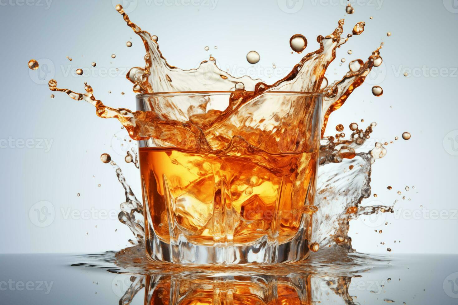 AI generated Whiskey with ice cubes on white background with splashes. Generative AI. photo