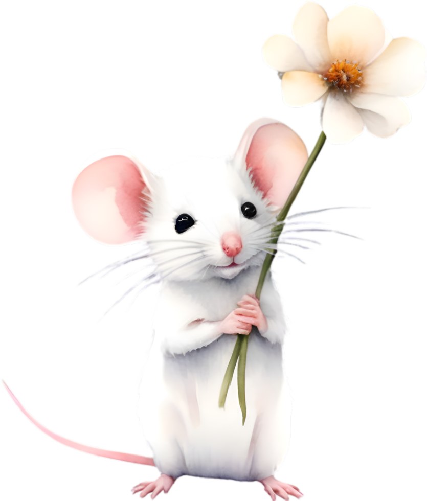 AI generated Watercolor cute mouse with flower. Ai-Generated. png