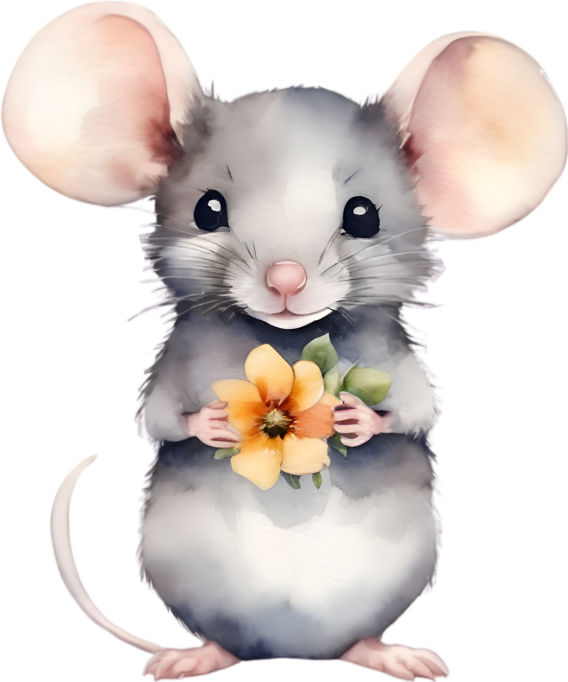 ai généré aquarelle mignonne Souris avec fleur. ai-généré. png