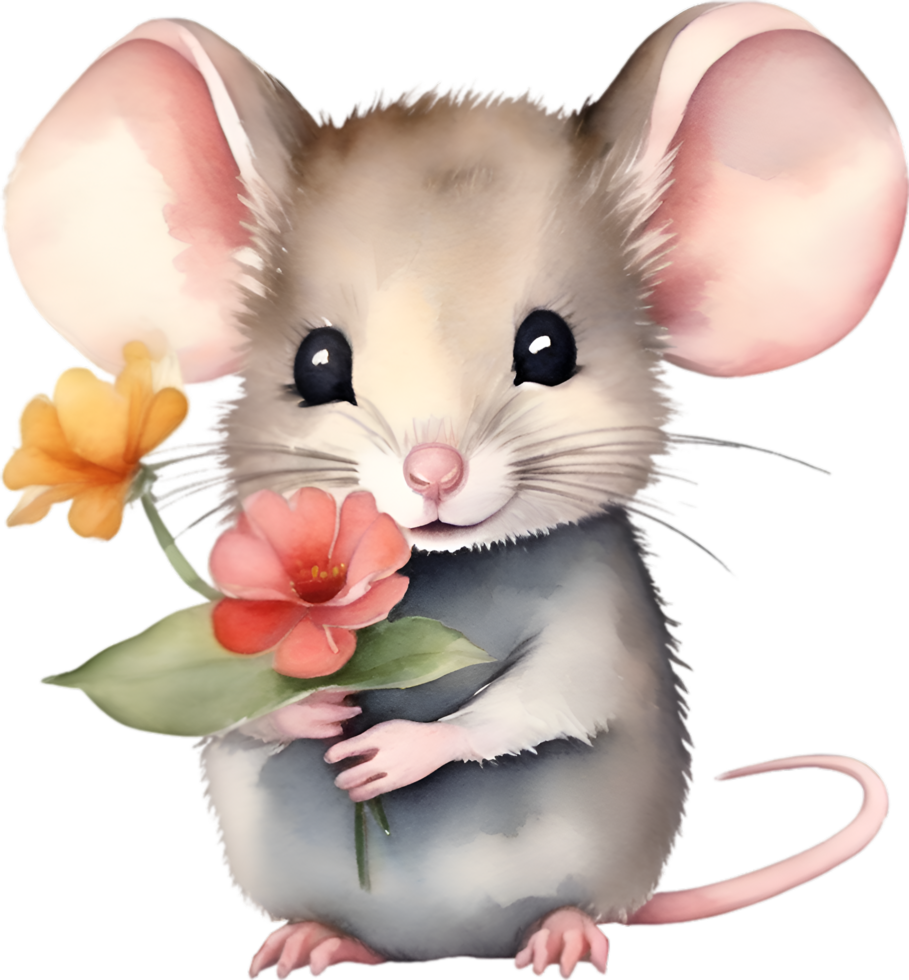 AI generated Watercolor cute mouse with flower. Ai-Generated. png