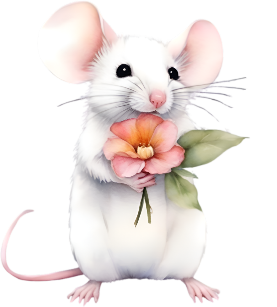 AI generated Watercolor cute mouse with flower. Ai-Generated. png