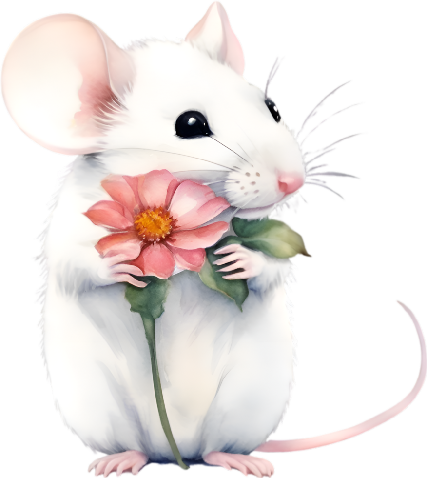 AI generated Watercolor cute mouse with flower. Ai-Generated. png