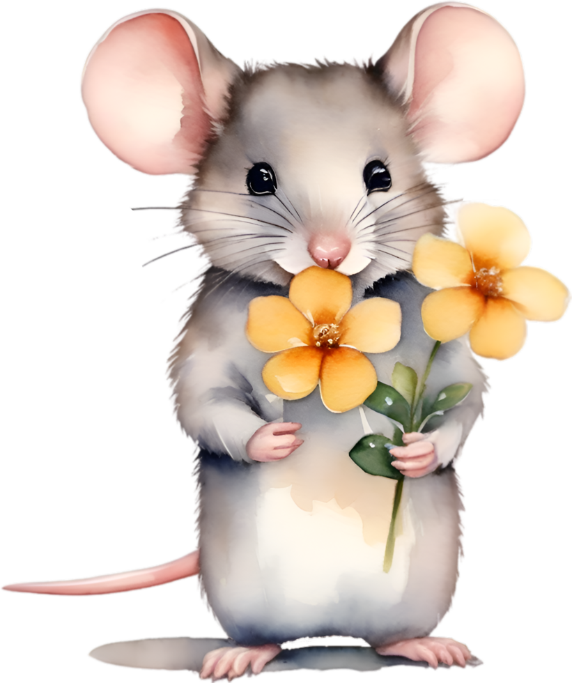 AI generated Watercolor cute mouse with flower. Ai-Generated. png