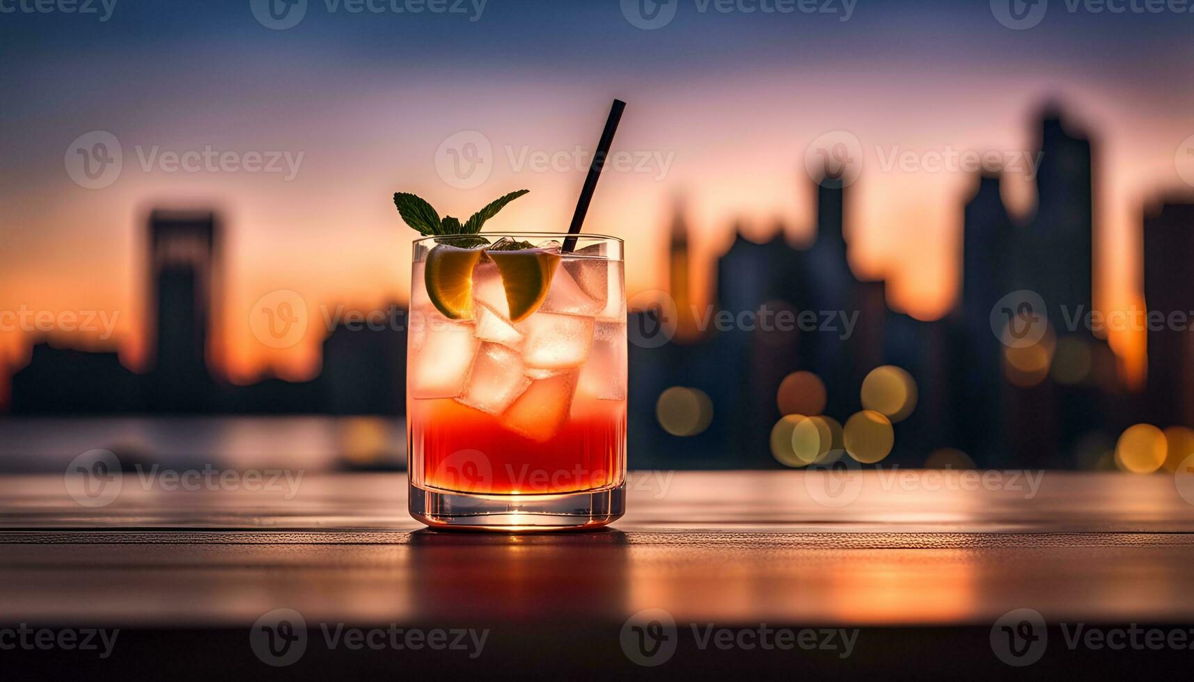 AI generated Refreshing cocktail on a wooden table city skyline at dusk photo