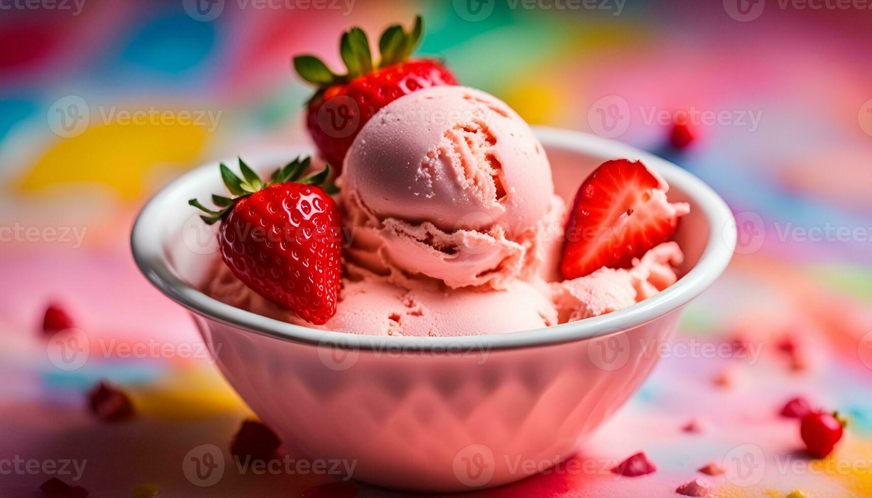 AI generated Cornet ice cream with a strawberry scoop on a colorful surface photo