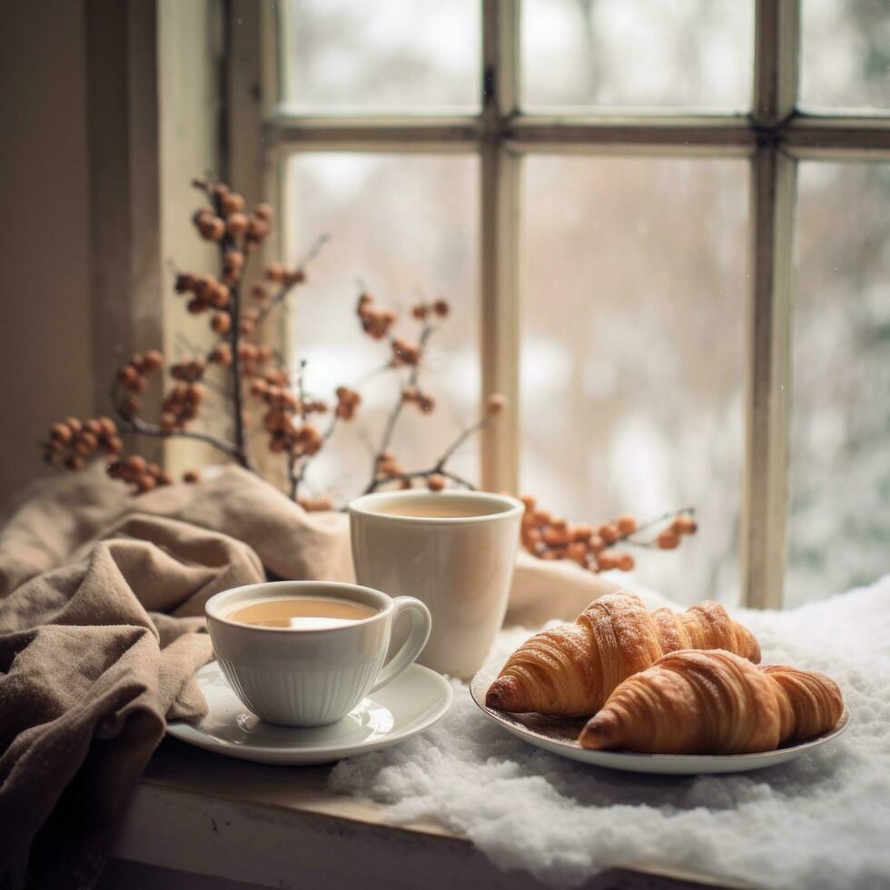 AI generated Cozy weekend vibes with steaming coffee, croissants, and a snowy window backdrop photo