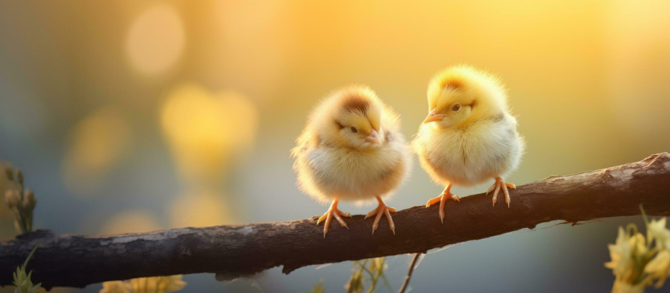 AI generated two small baby chicks on a branch with grasses in back photo