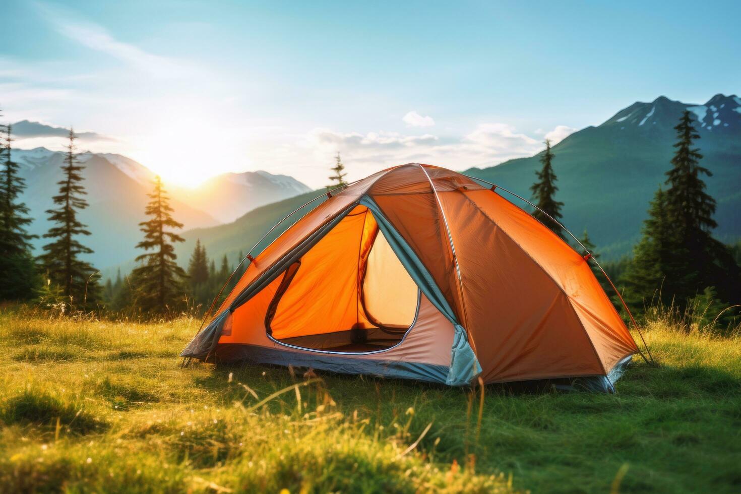 AI generated tent standing in natural green grass photo