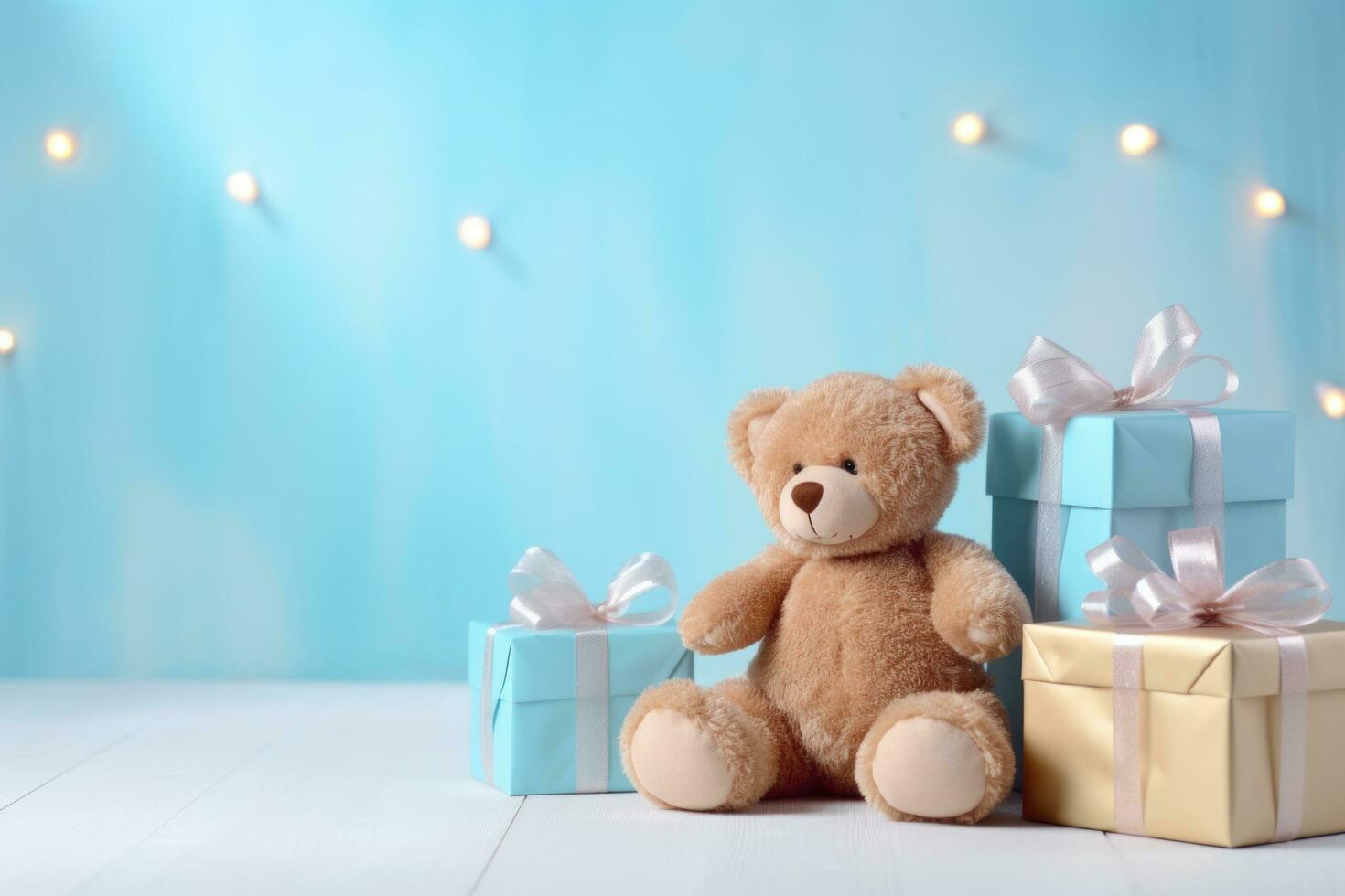 AI generated bear and gifts sitting next to a blue background photo