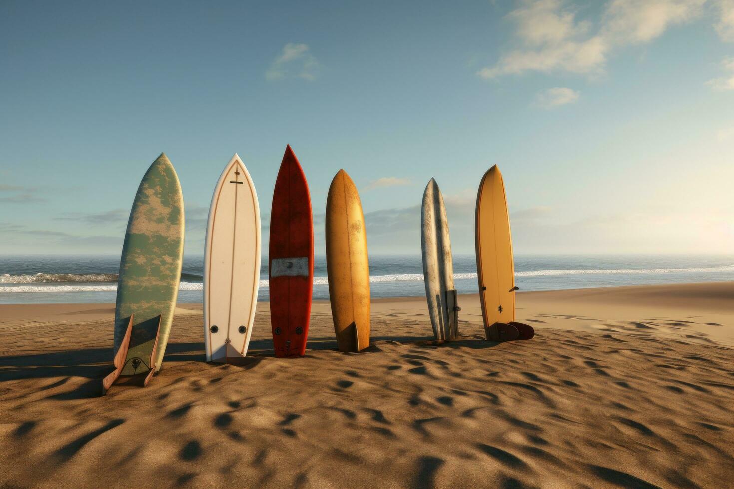 AI generated surfboards lined up in front of a blue rock photo