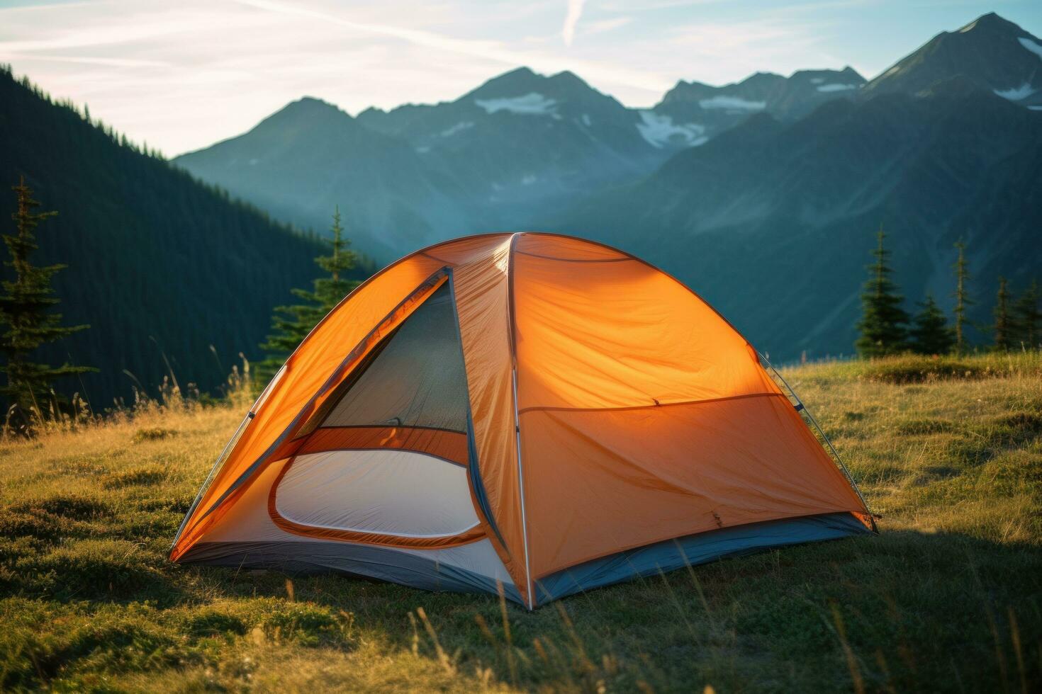 AI generated tent standing in natural green grass photo
