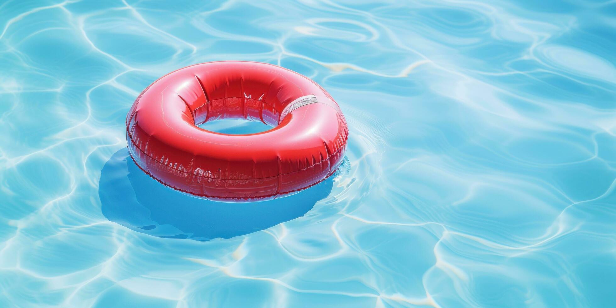 ai generado rojo inflable nadar anillo flotante en un azul piscina foto