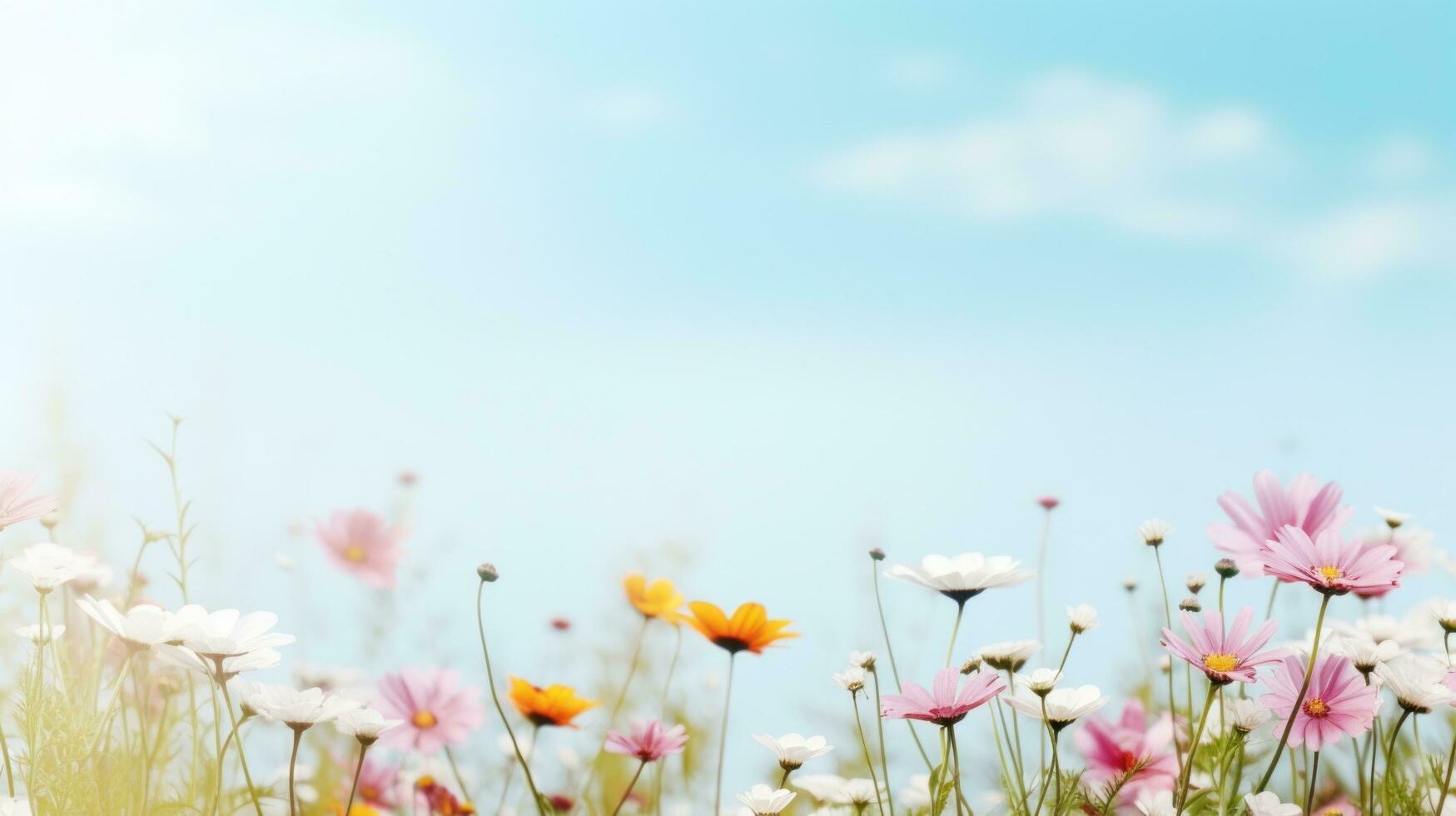 AI generated Serene meadow with blooming flowers, offering ample copy space for text photo