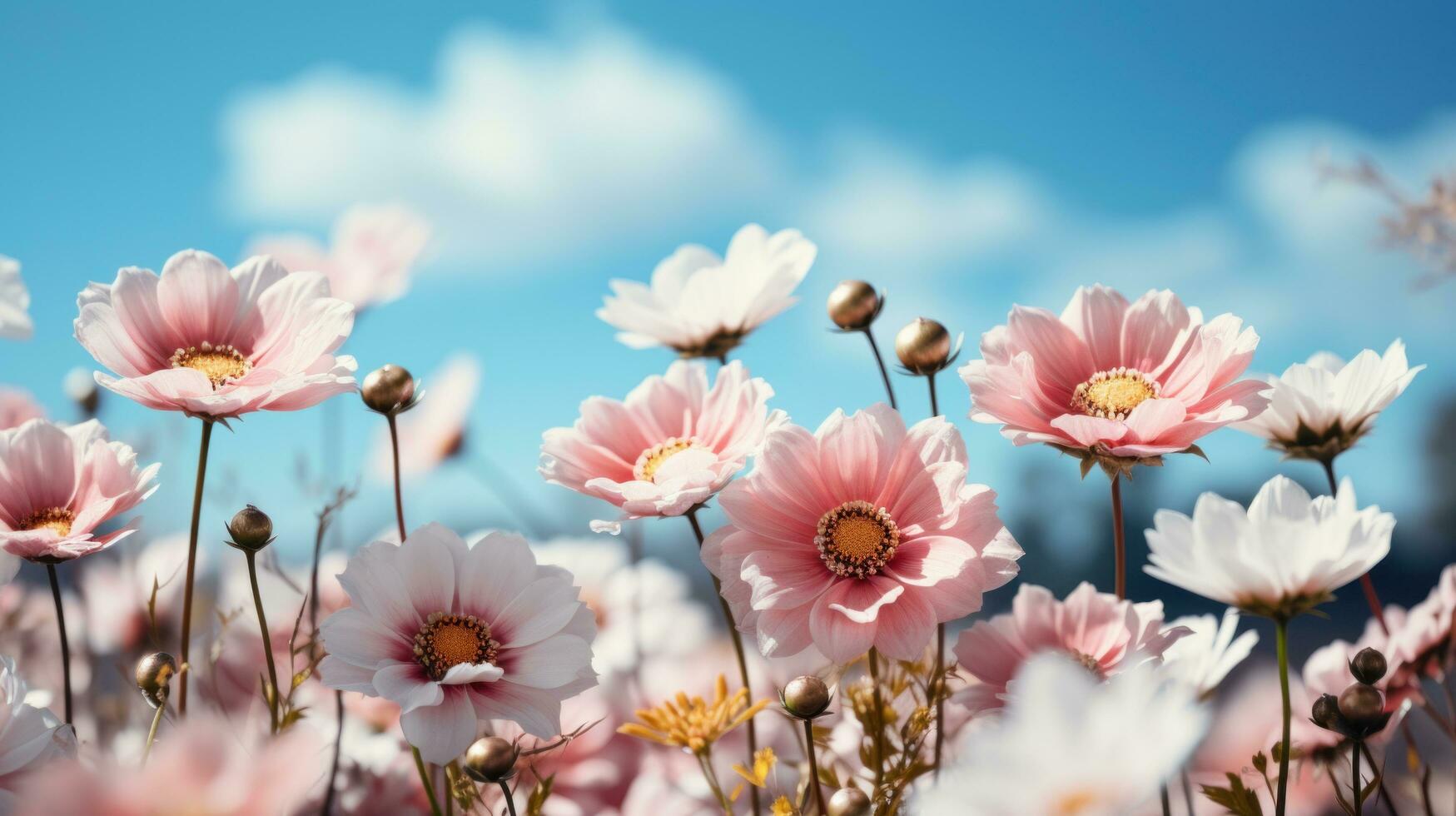 AI generated Serene meadow with blooming flowers, offering ample copy space for text photo