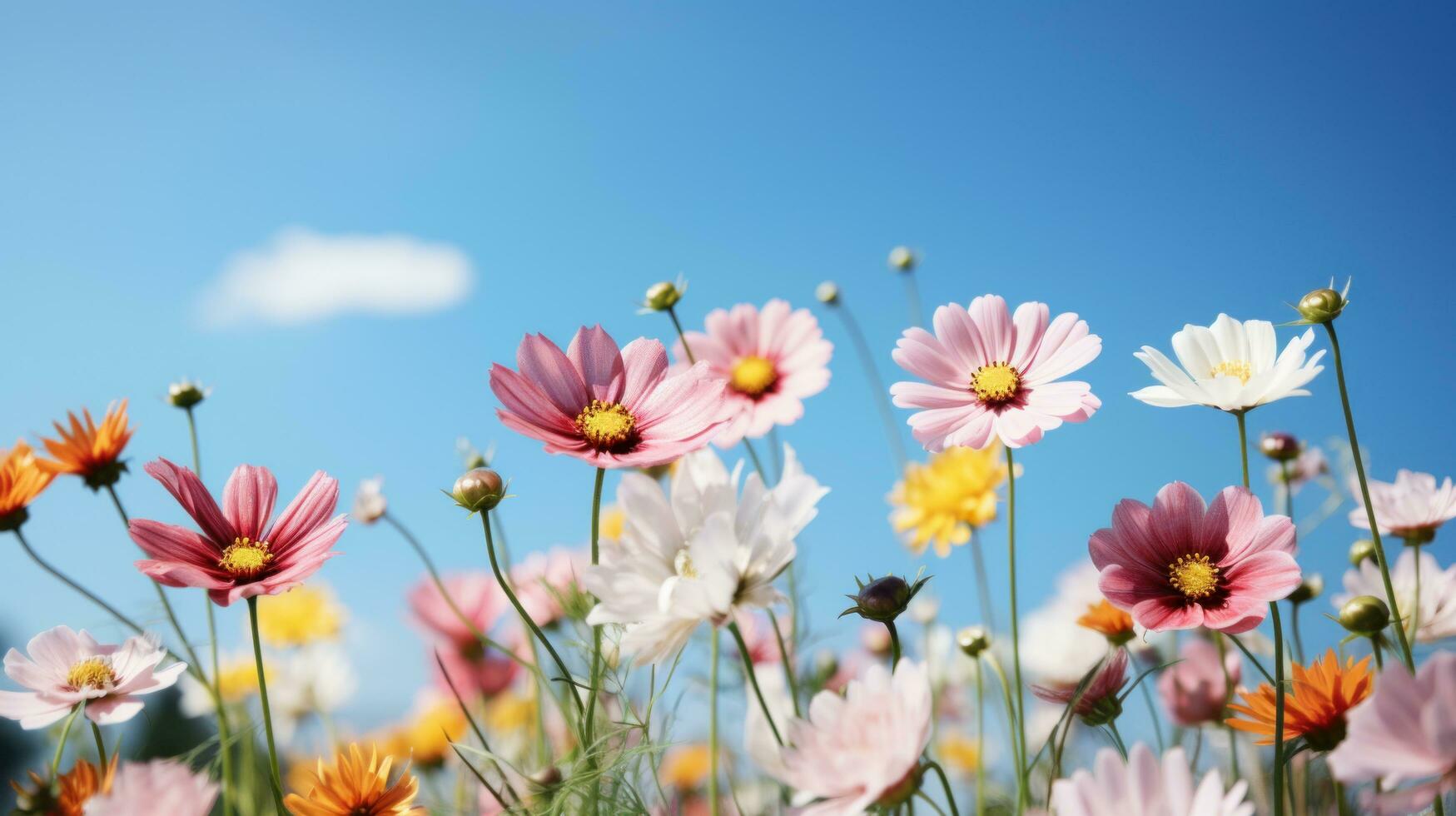 AI generated Serene meadow with blooming flowers, offering ample copy space for text photo