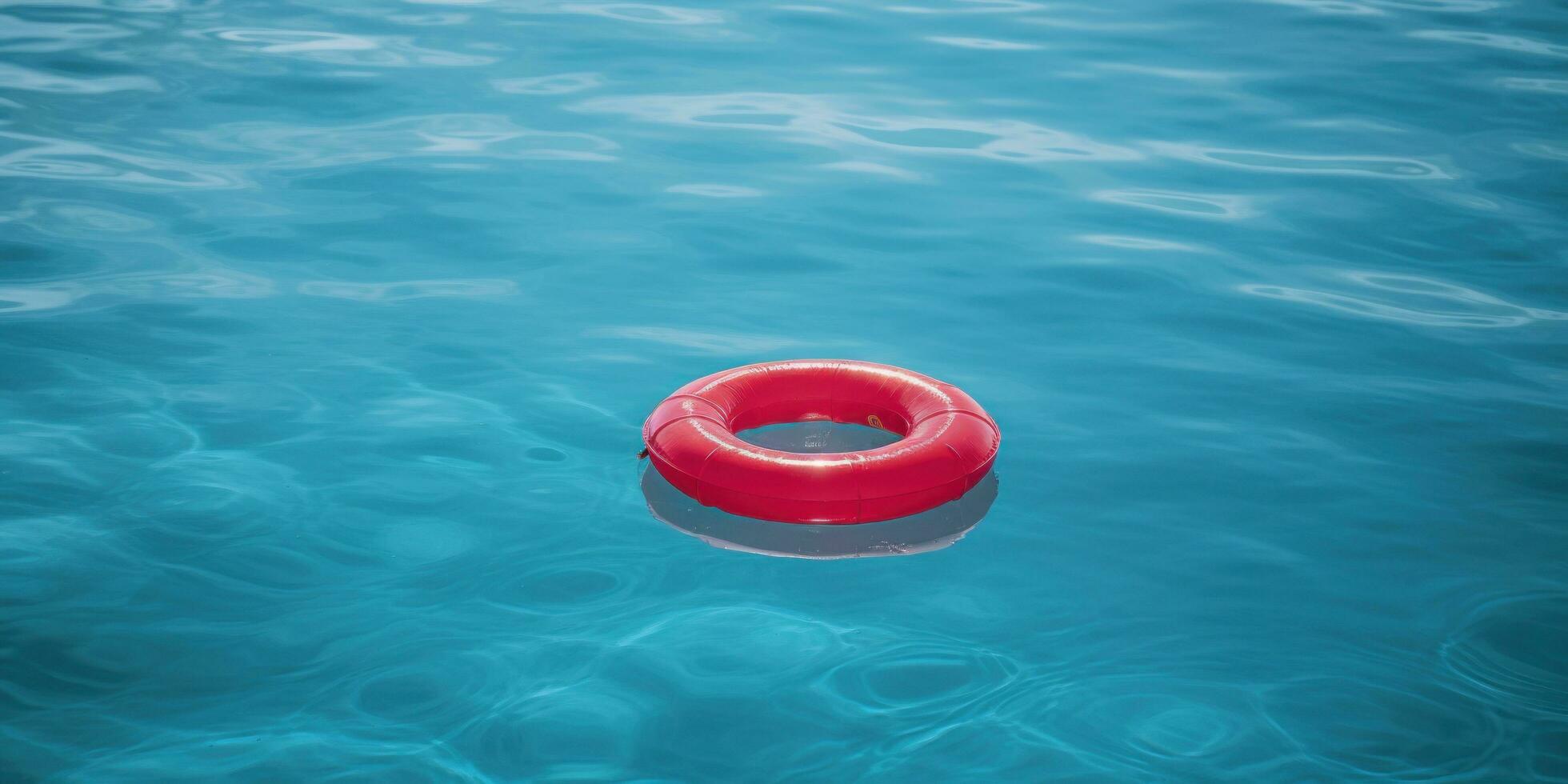 ai generado rojo inflable nadar anillo flotante en un azul piscina foto