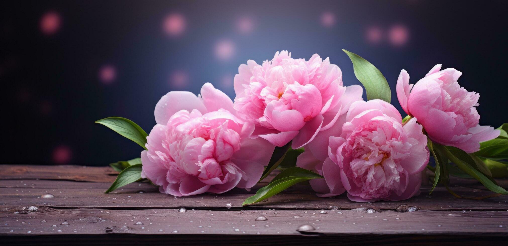 AI generated peony bloom pink flowers on a dark table with bokeh background photo
