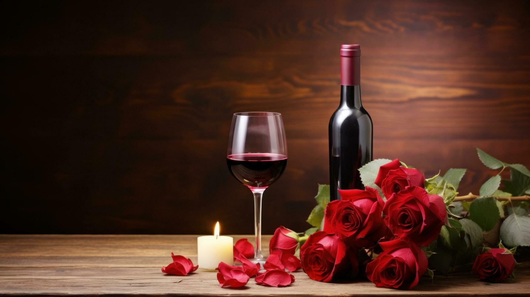 AI generated Romantic backdrop with wine, roses, and ample space for