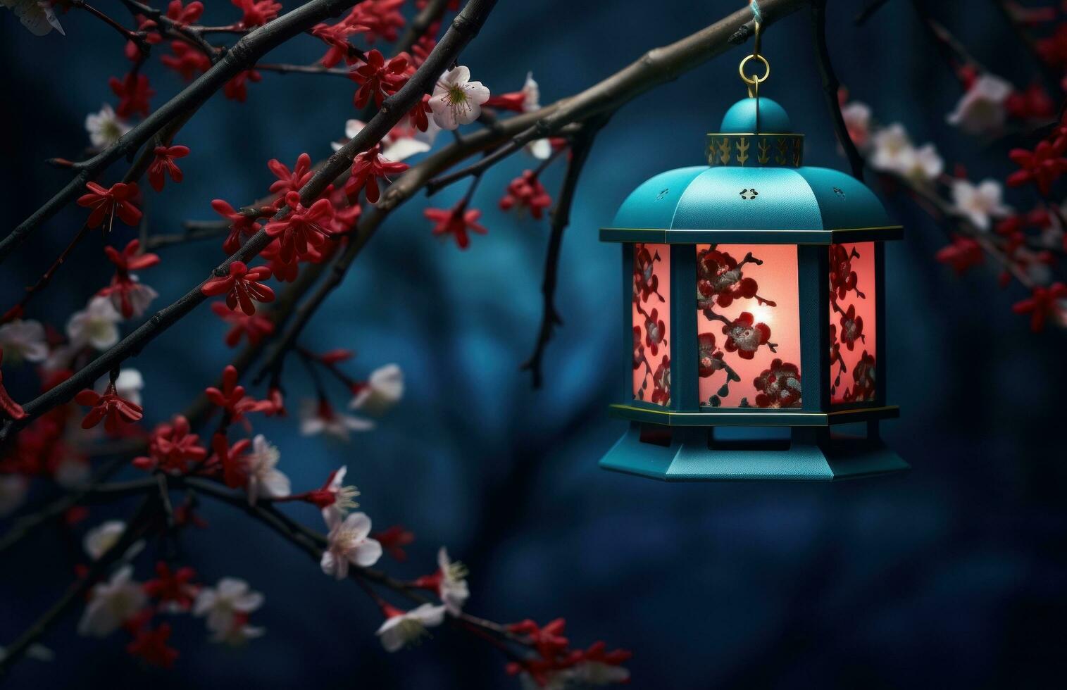 AI generated red candle lanterns on the branch of an asian tree with pink blossoms photo