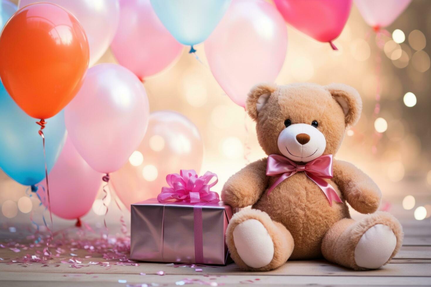 ai generado rosado osito de peluche oso sentado con globos foto