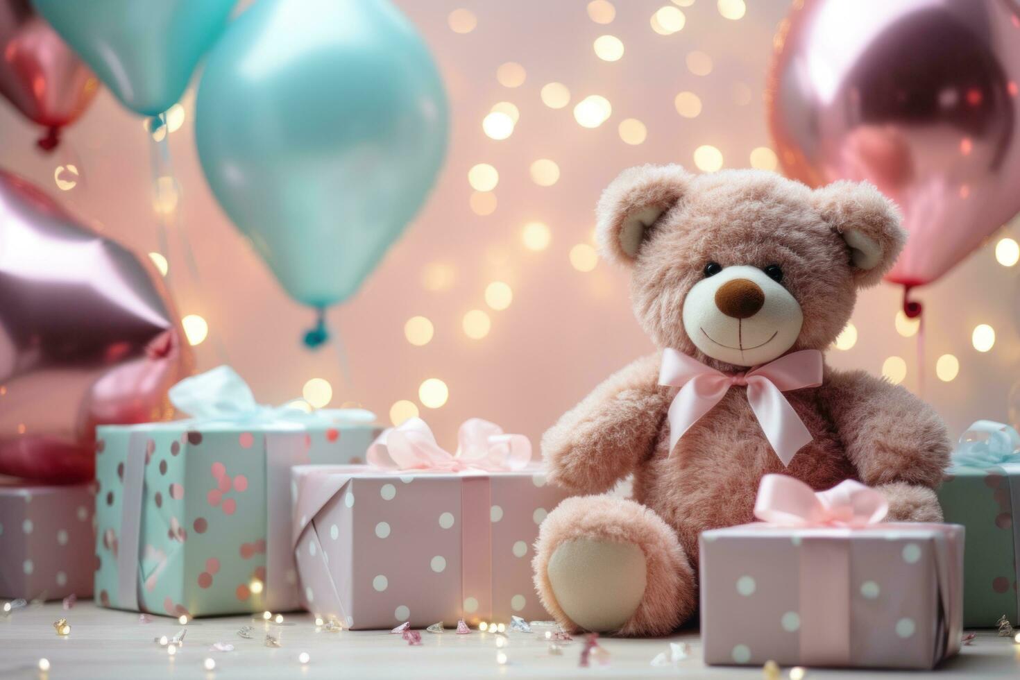 ai generado rosado osito de peluche oso sentado con globos foto