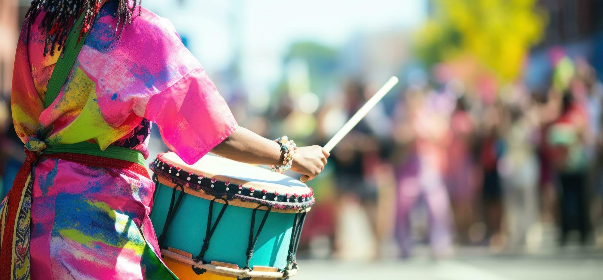 ai generado persona con tambor en tradicional disfraz en un calle foto