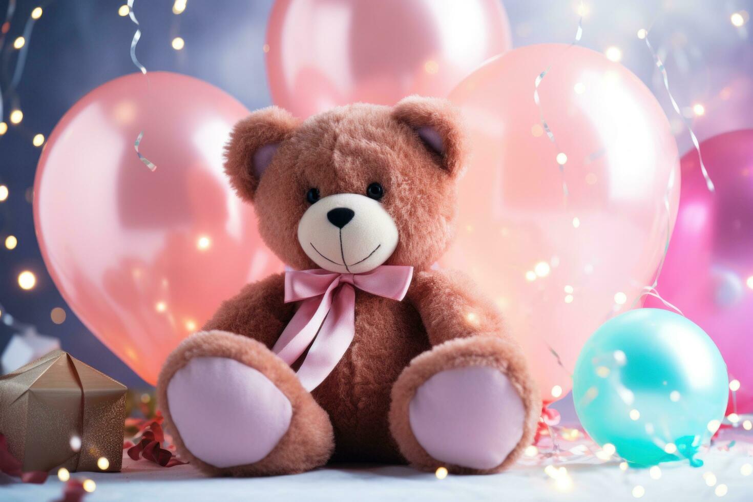 ai generado rosado osito de peluche oso sentado con globos foto