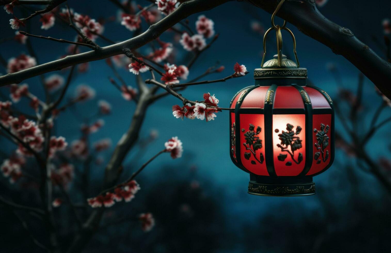 AI generated red candle lanterns on the branch of an asian tree with pink blossoms photo