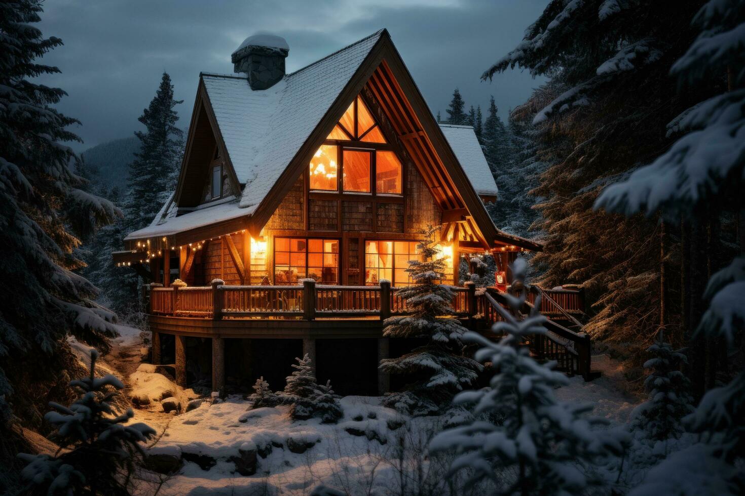 AI generated Cozy winter aesthetic with a warm glow, snow-laden pines, and tranquil serenity photo