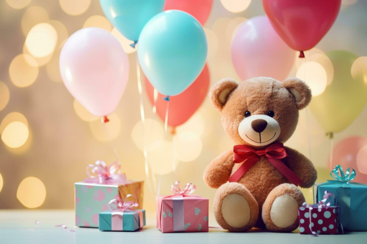 ai generado rosado osito de peluche oso sentado con globos foto