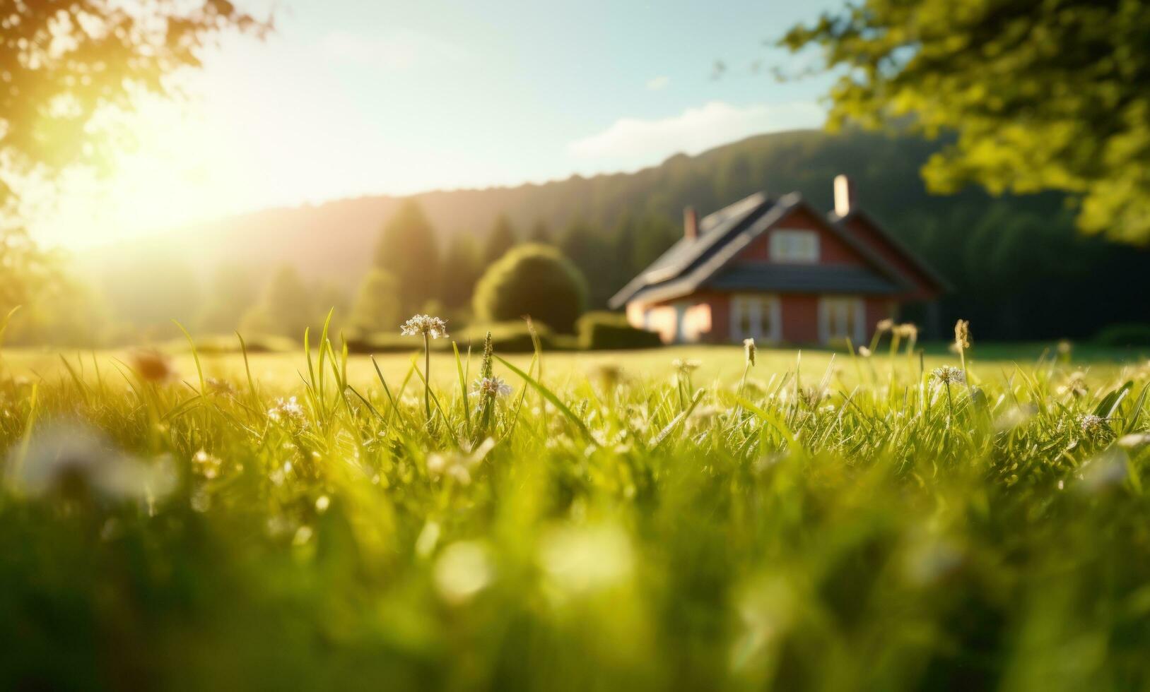 AI generated image of a field of green grass with a small house in the background photo