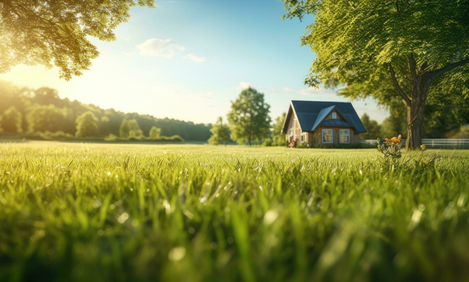 AI generated image of a field of green grass with a small house in the background photo