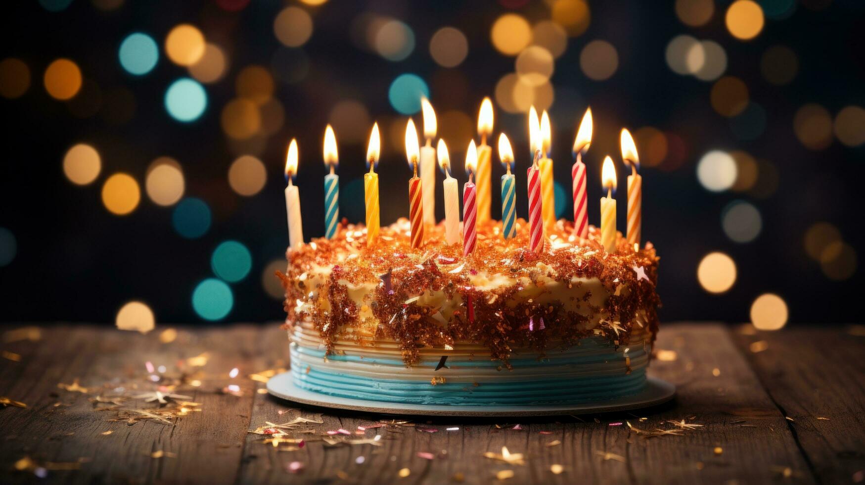 AI generated a birthday cake aglow with candles, casting a warm light on celebratory surroundings photo