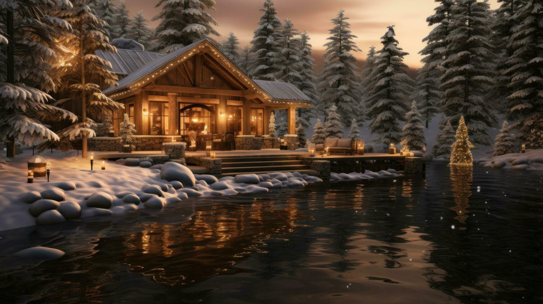 AI generated Cozy winter aesthetic with a warm glow, snow-laden pines, and tranquil serenity photo