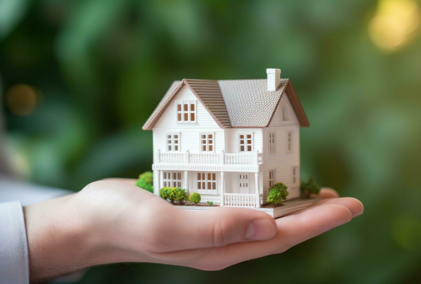 AI generated hand holds a house that is white in color photo