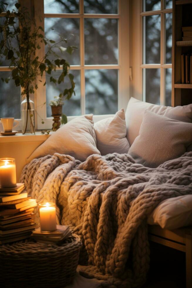 AI generated Cozy winter aesthetics, soft blankets, warm lights, creating an inviting and snug atmosphere photo