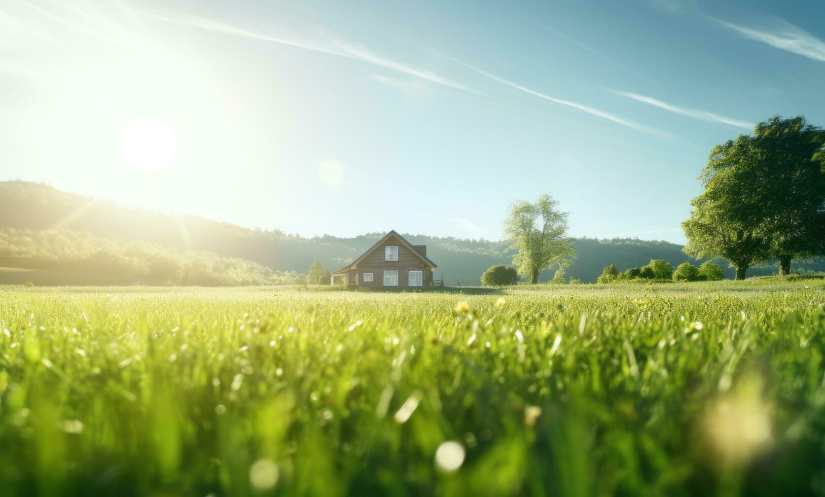 AI generated image of a field of green grass with a small house in the background photo