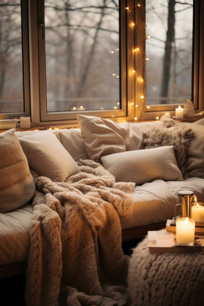 AI generated Cozy winter aesthetics, soft blankets, warm lights, creating an inviting and snug atmosphere photo