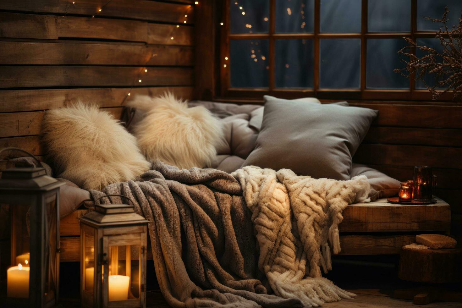 AI generated Cozy winter aesthetics, soft blankets, warm lights, creating an inviting and snug atmosphere photo