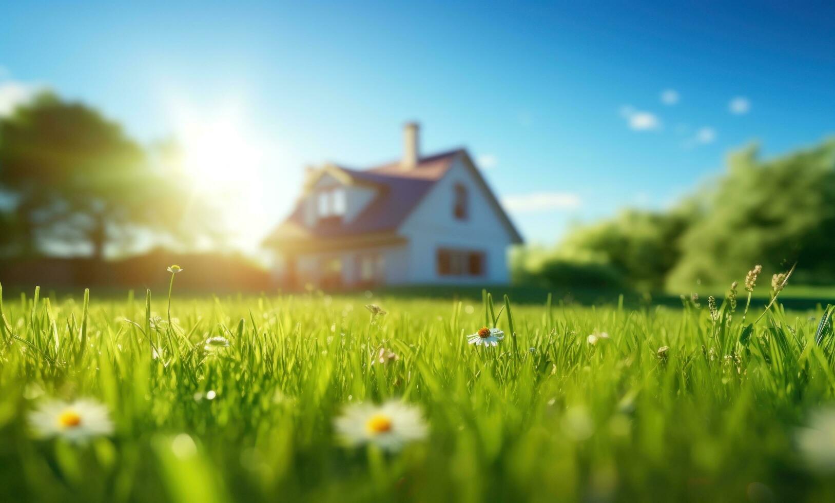 ai generado verde césped en el campo con un casa en el antecedentes foto