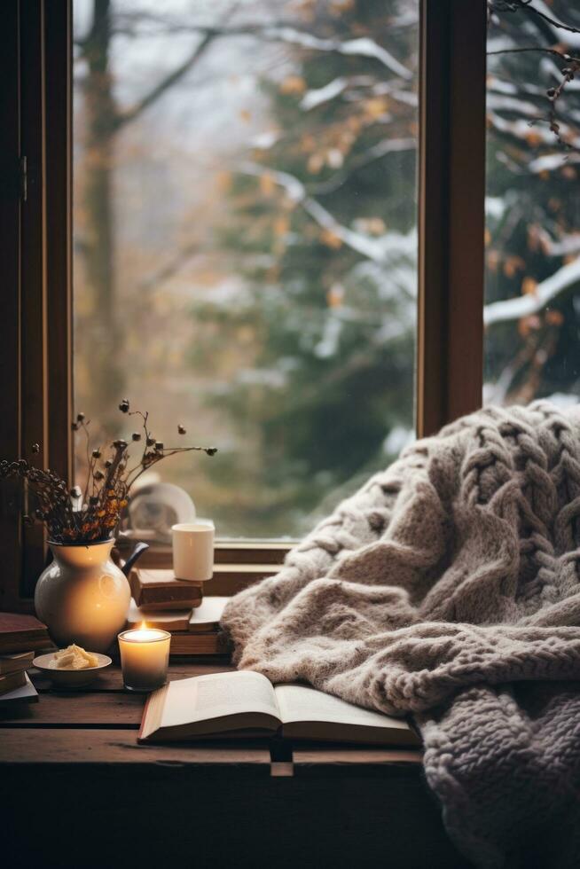 ai generado invierno estético mañana, calentar tejidos de punto, libro, y un ventana ver de Nevado paisajes foto