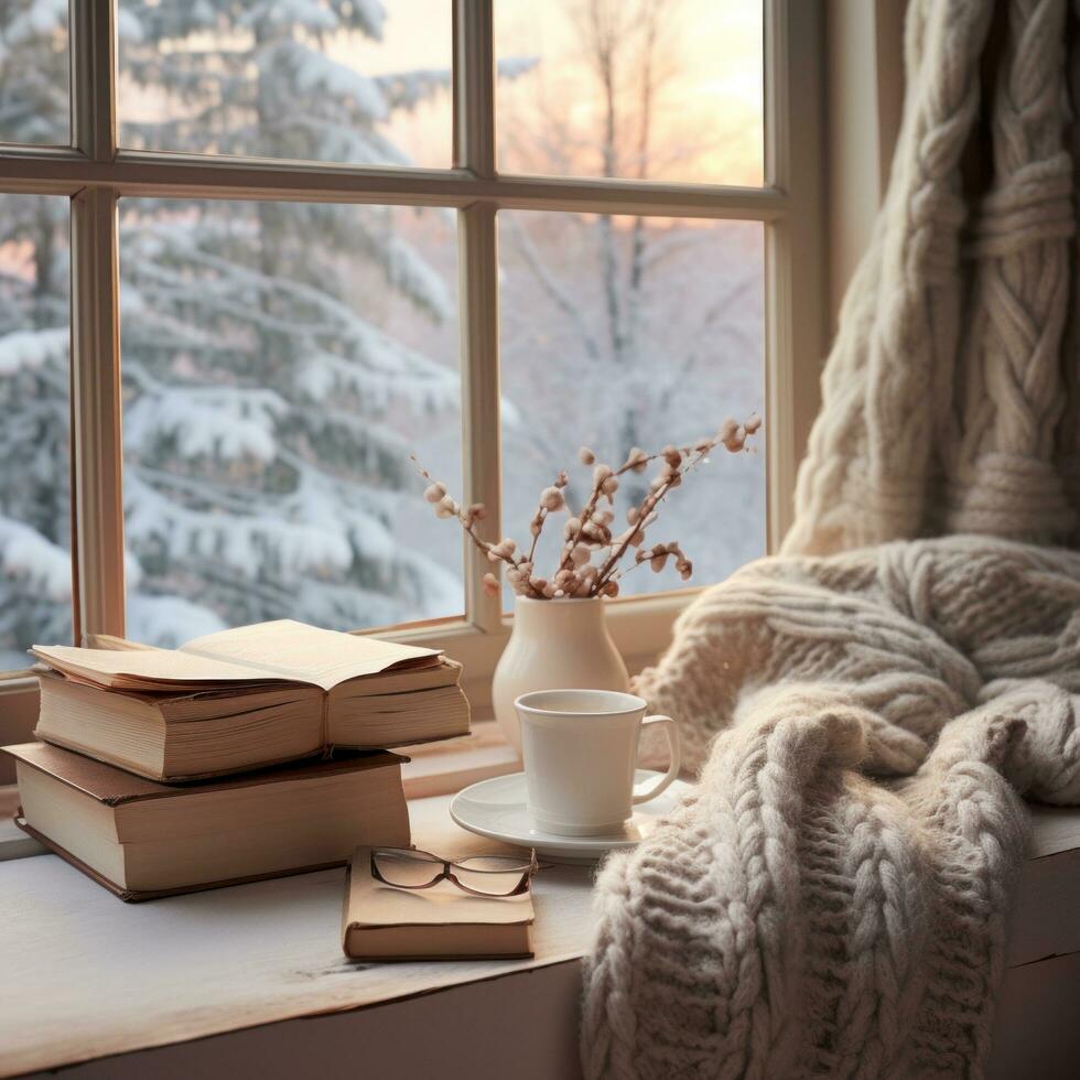 AI generated Winter aesthetic morning, warm knits, book, and a window view of snowy landscapes photo