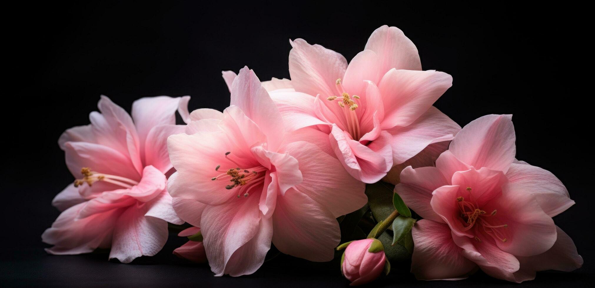 AI generated four pink flowers are placed on top of a dark background photo
