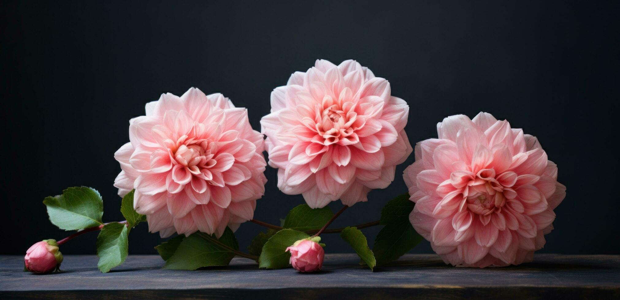 AI generated four pink flowers are placed on top of a dark background photo