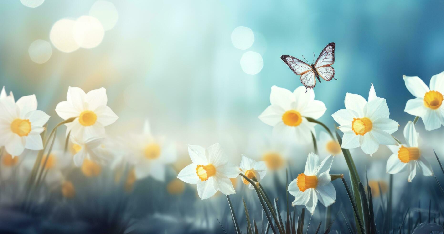 AI generated daffodils and butterflies on a yellow grass photo