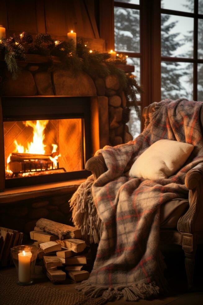 AI generated Cozy winter background with a crackling fireplace, plush blankets photo
