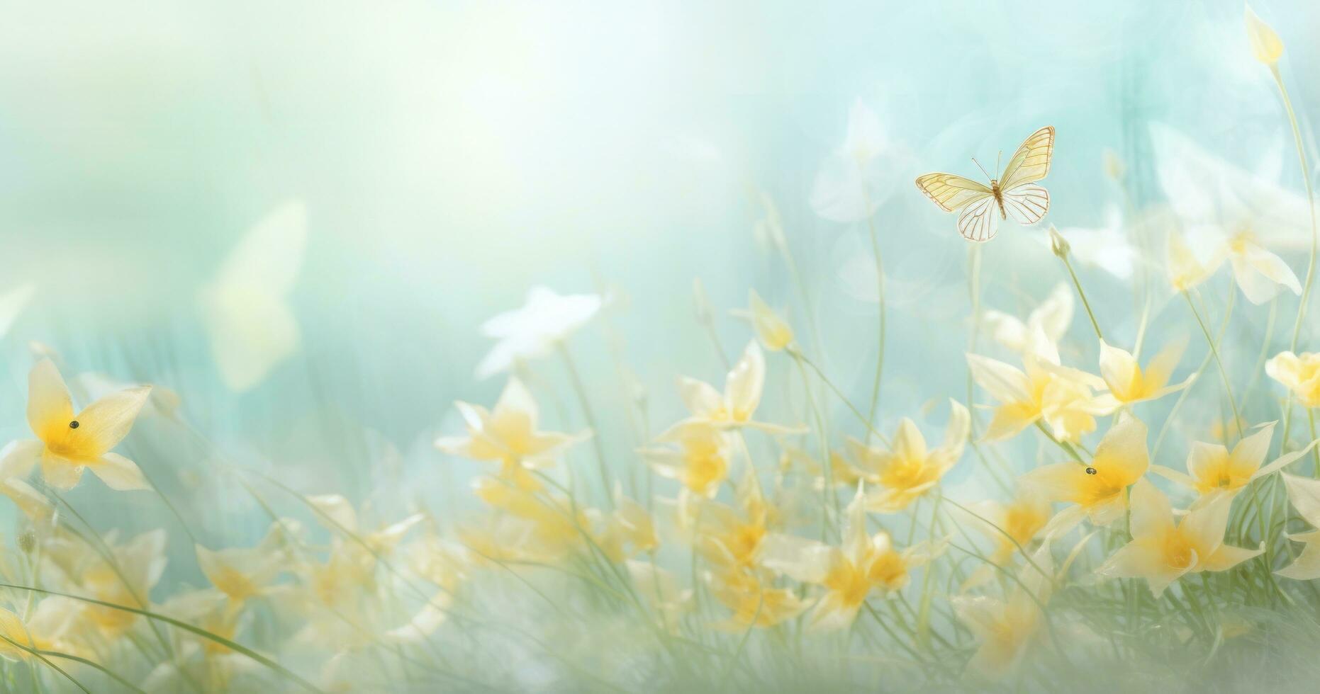 AI generated daffodils and butterflies on a yellow grass photo