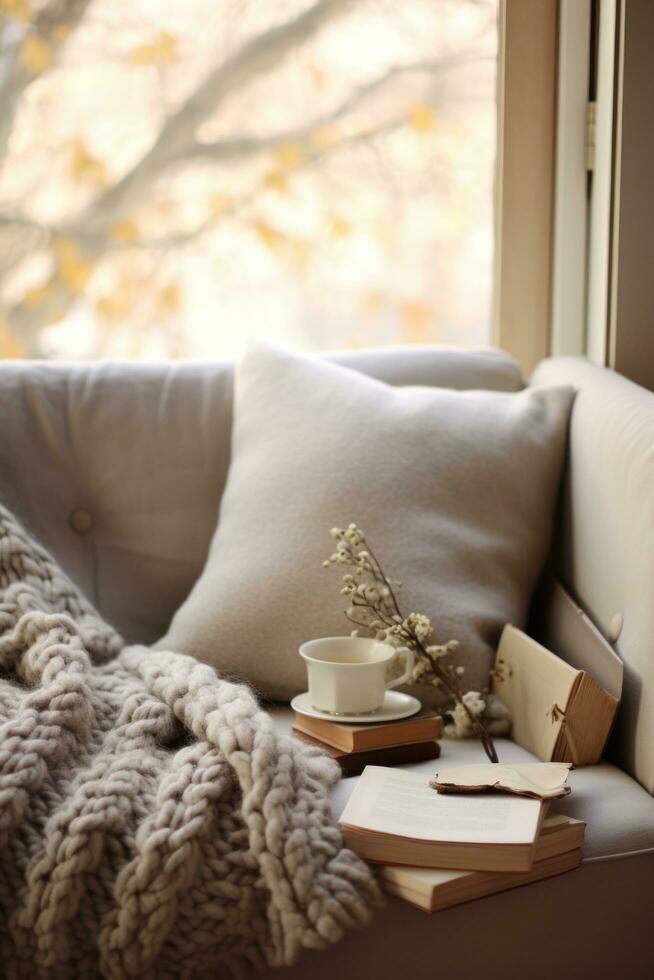 AI generated Cozy winter weekend morning with fluffy slippers, photo