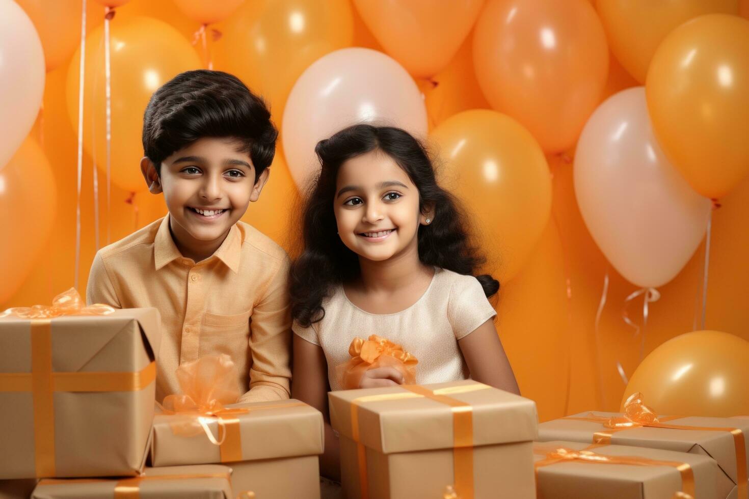 AI generated children smiling with gift boxes and balloons on the floor photo