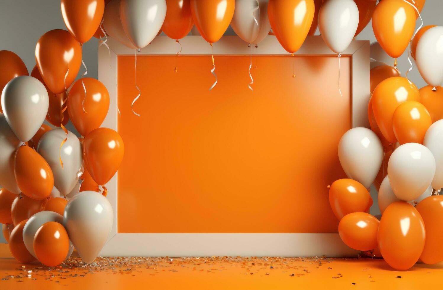 AI generated colorful balloons and golden frame with orange background photo
